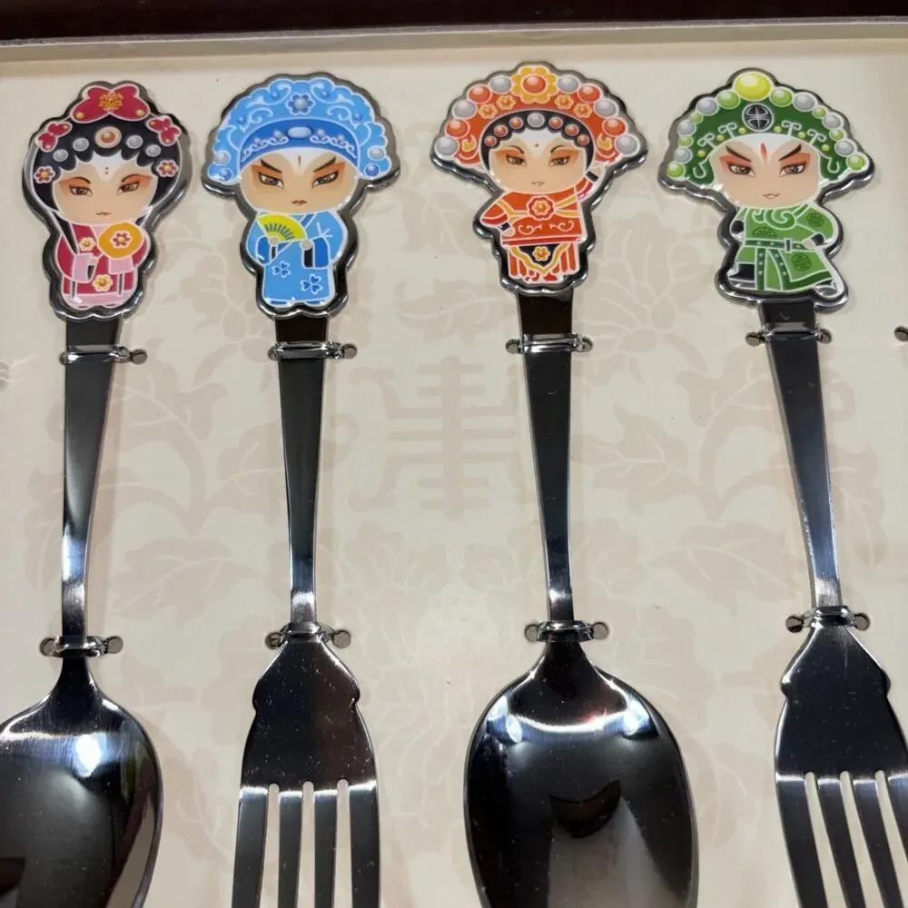 Vtg 4pc Chinese Opera Silverware (NO CHOPSTICKS) Guo Cui Jing Ju